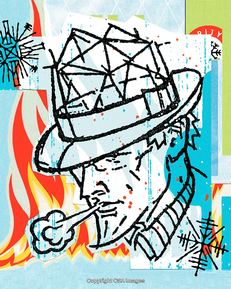 Abstract Illustration Featuring Person Smoking Pipe with Flames and Geometric Design
