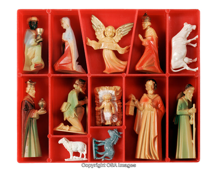 Set of Plastic Nativity Figures in Red Compartment Tray