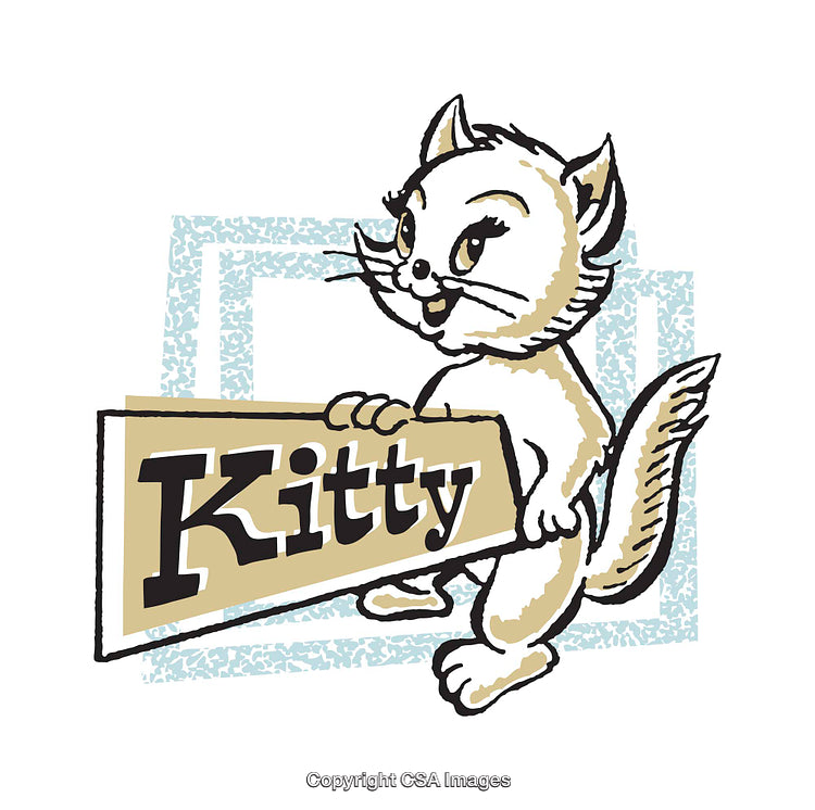 Vintage Illustration of a Cheerful Kitty Holding a Sign