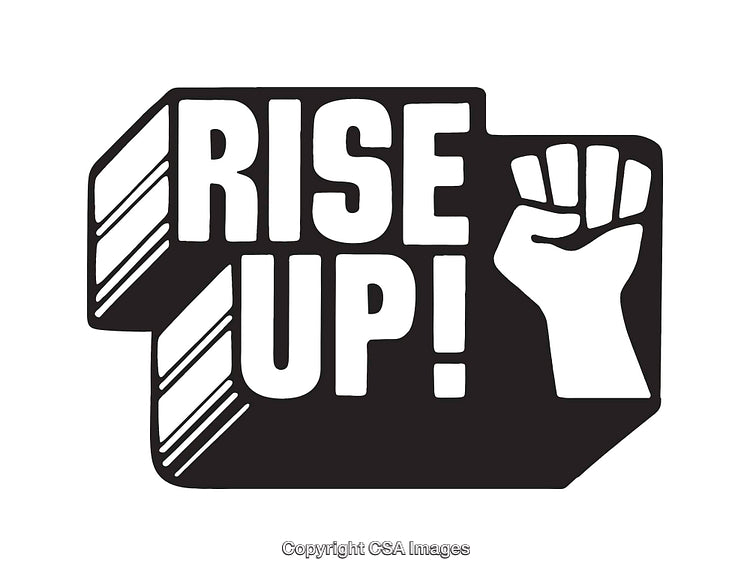 Black and White Illustration of a Raised Fist with 'Rise Up' Text