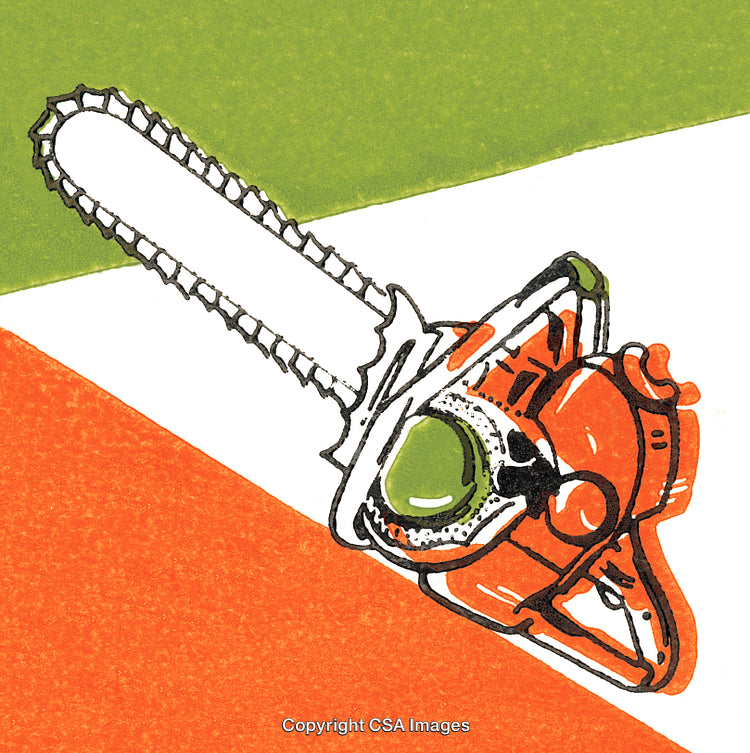 Illustrated Chainsaw on a Colorful Diagonal Background with Bold Design