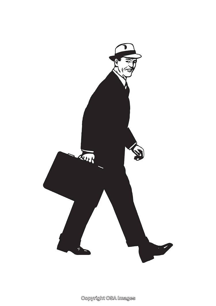 Stylized Black and White Line Art of a Man Walking with Briefcase