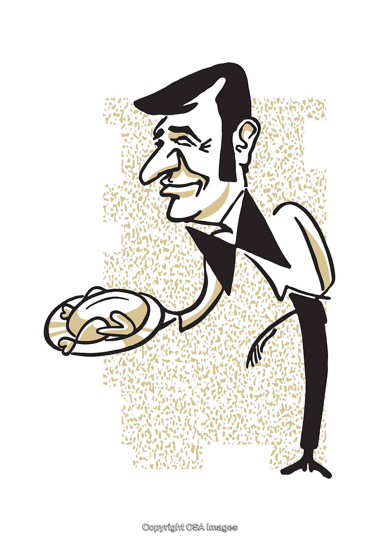 Whimsical Caricature of a Waiter Holding a Dish in Hand