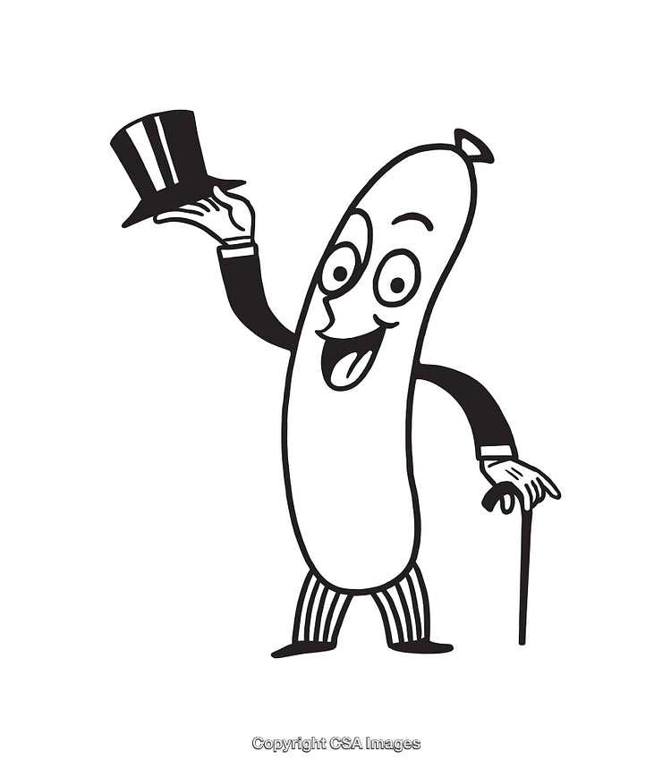 Cheerful Sausage Cartoon Character Waving With Hat and Cane in Black Ink