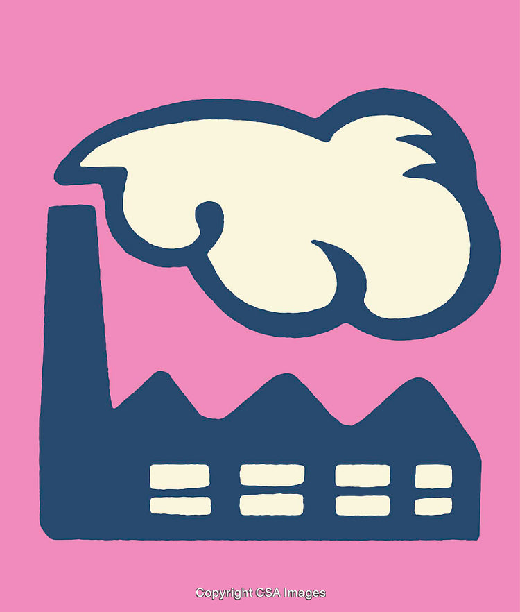 Minimalistic Line Art of Factory with Smoke on Pink Background