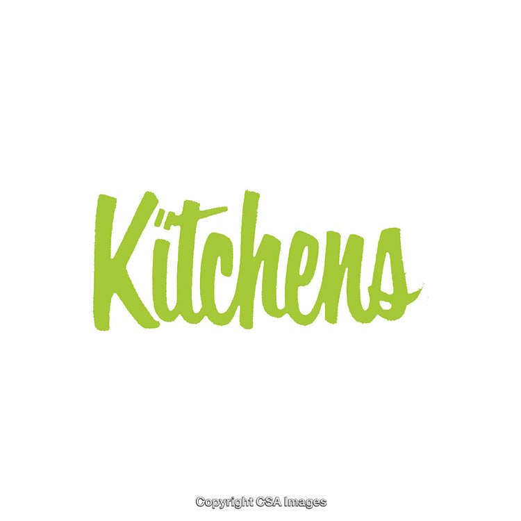 Green Text Depicting the Word 'Kitchens' in Cursive Style