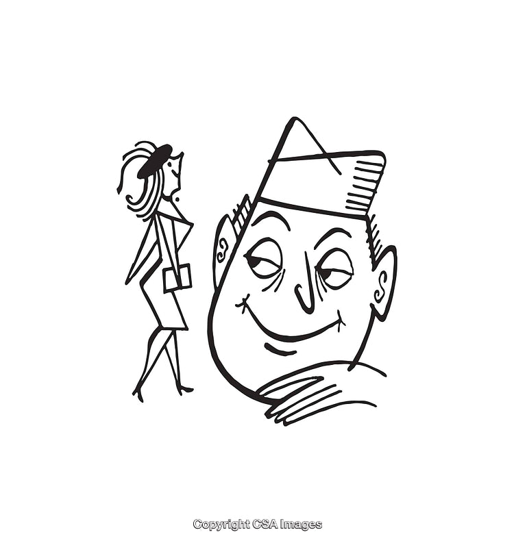 Black and White Line Art Illustration of a Man Observing a Woman