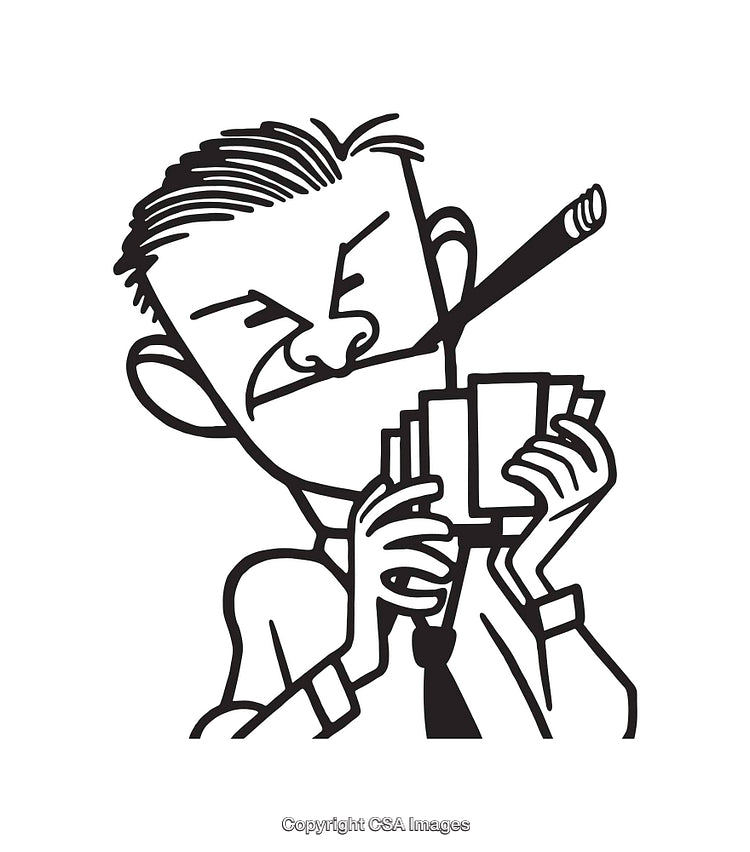 Black and White Line Art of a Man With Cards and Cigar