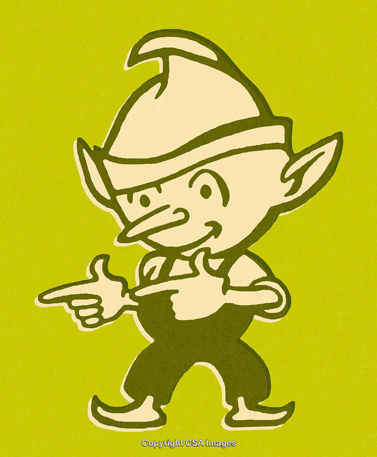 Playful Cartoon Elf Illustration on Vibrant Green Background