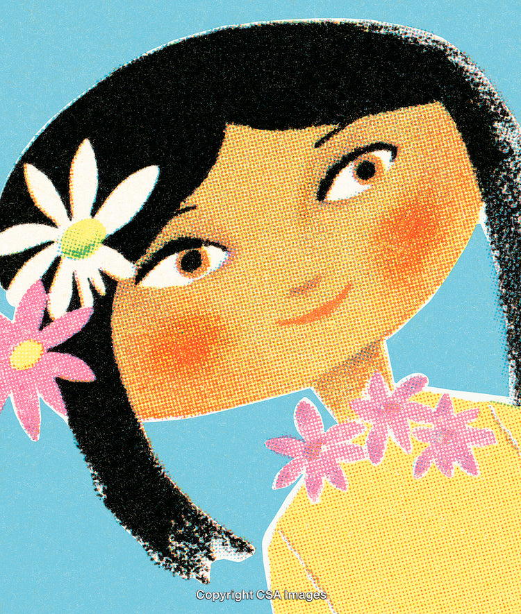 Smiling Girl Illustration with Flowers on a Bright Blue Background