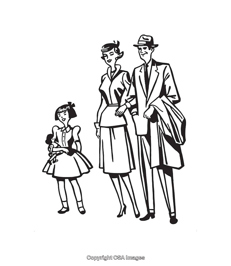 Black and White Line Art of a Retro Family Illustration