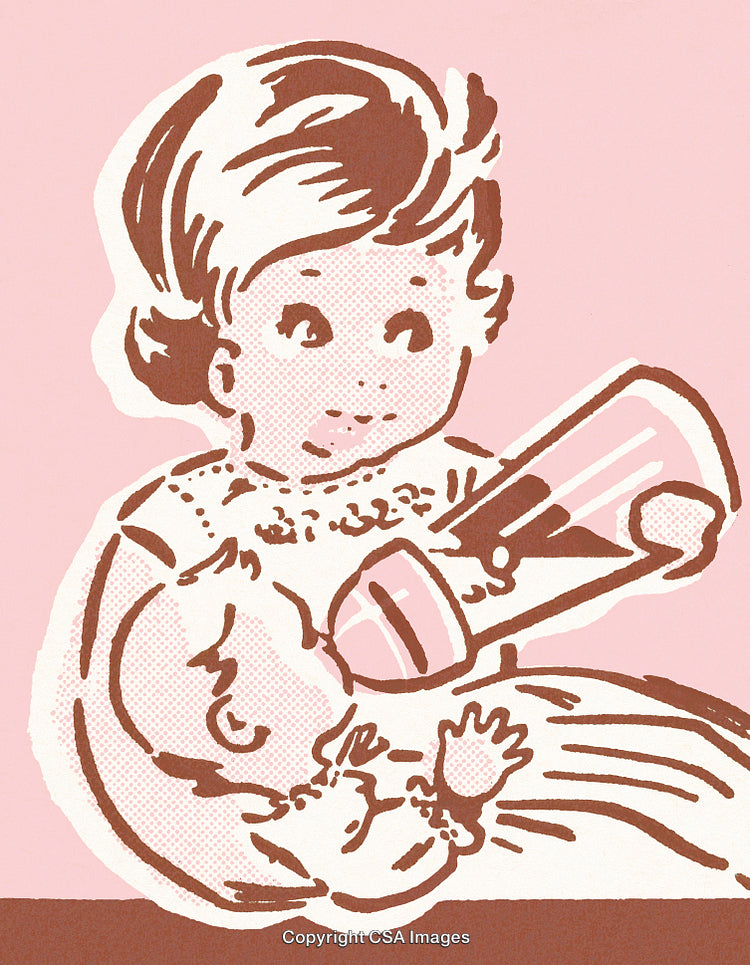 Vintage Illustration of a Child Feeding a Baby with a Bottle