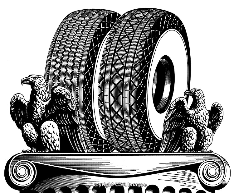 Detailed Black and White Engraving of Eagles with Tires on a Pedestal