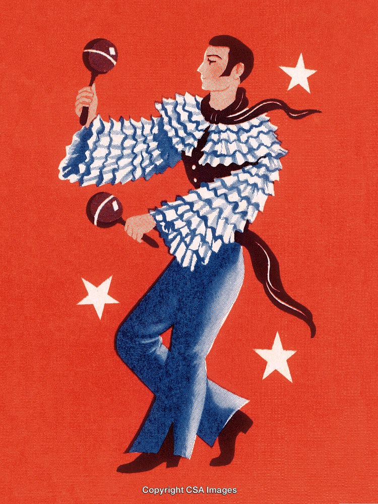 Vintage Performer in Colorful Attire Dancing on Red Starry Background