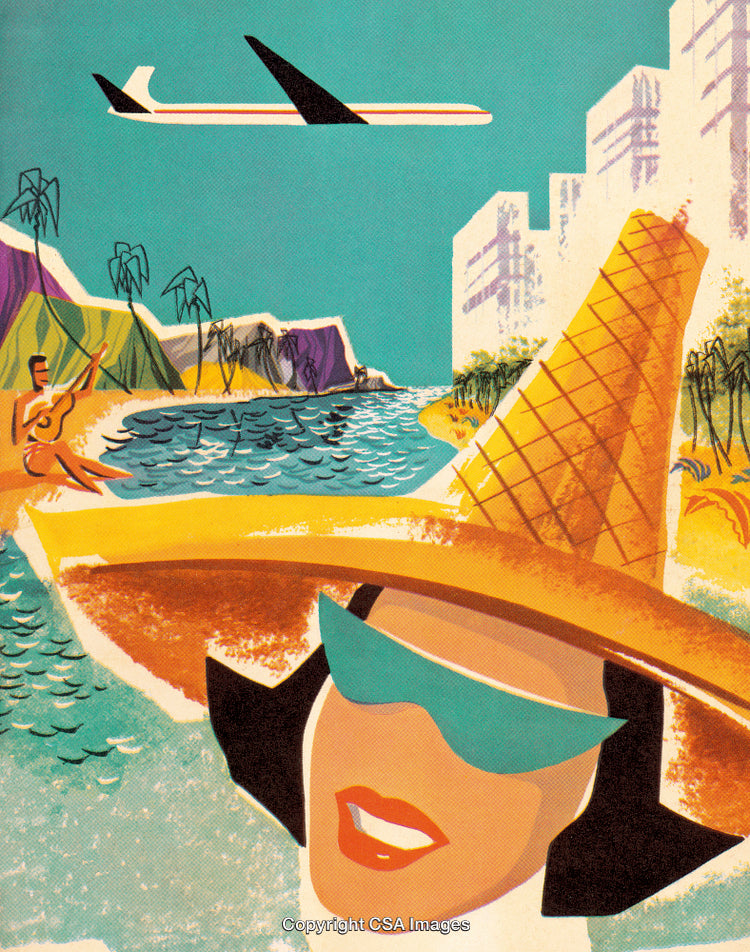 Retro Travel Illustration Featuring Beach, Airplane, and Vacation Elements in a Vibrant Style