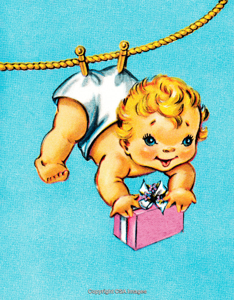 Vintage Illustration of a Baby Hanging on a Rope With a Gift