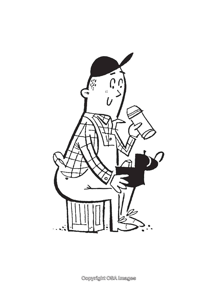 Black and White Illustration of a Character With a Tool and a Project