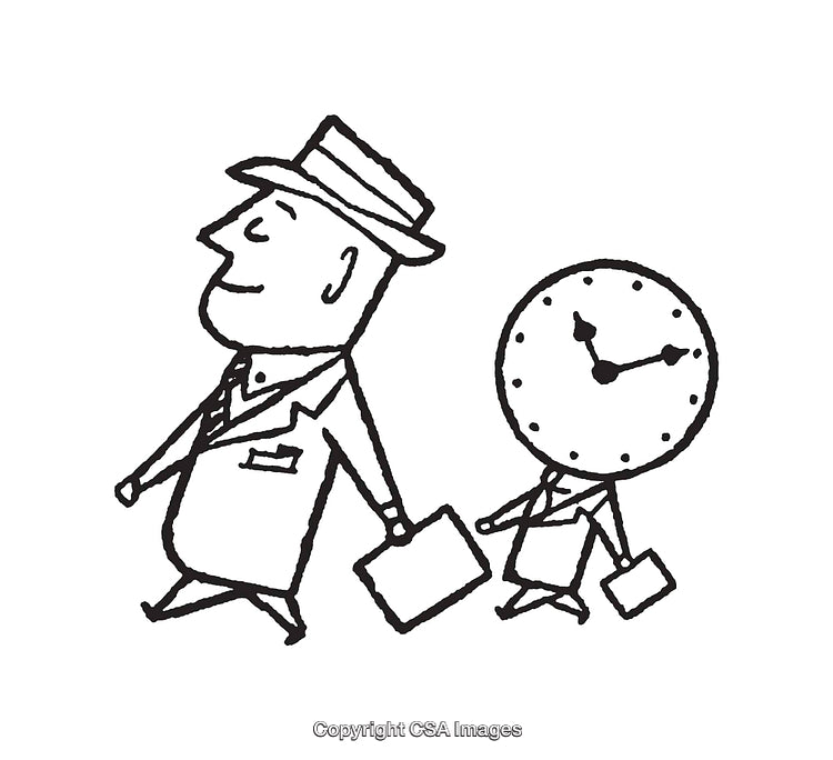 Black and White Line Art Illustration of a Clock and Businessman