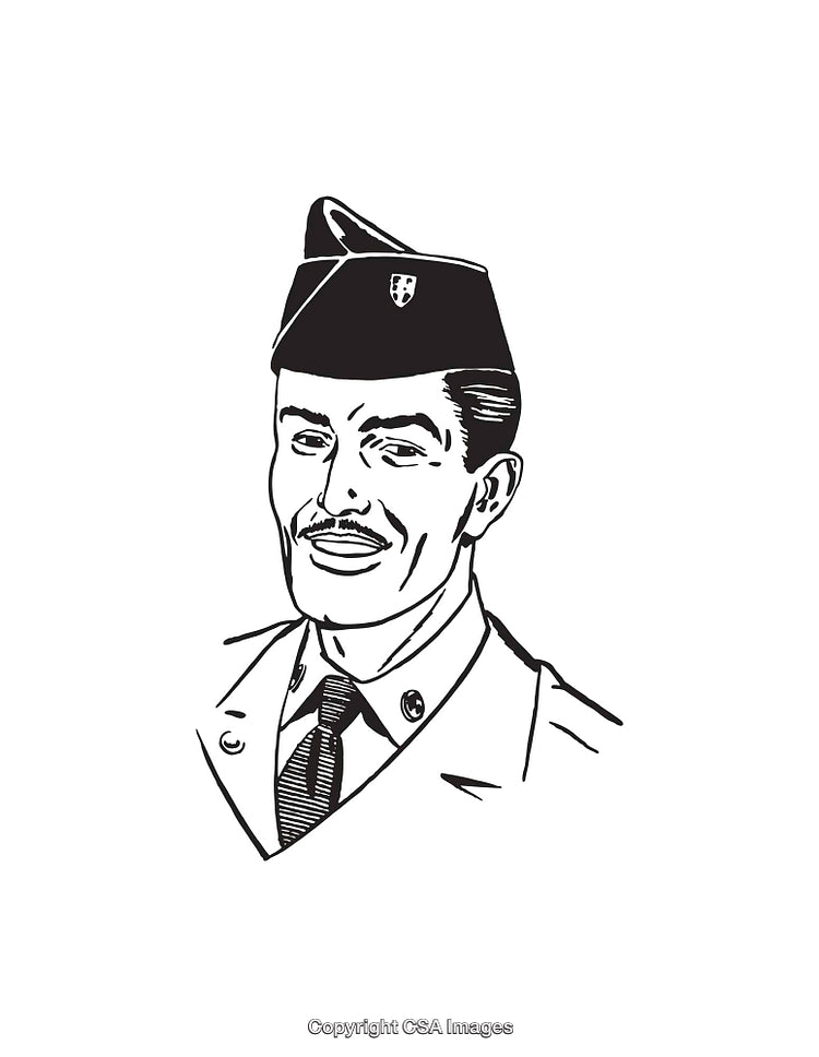 Black And White Drawing of a Smiling Military Officer in Uniform