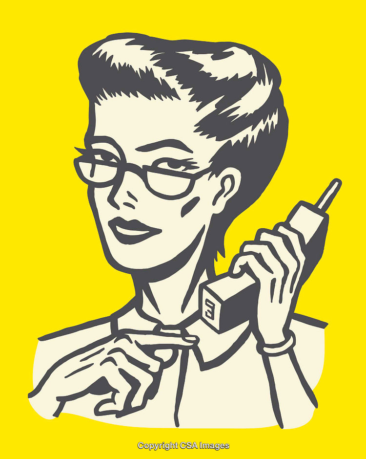 Vintage Line Art of Woman in Glasses Holding Telephone on Yellow Background