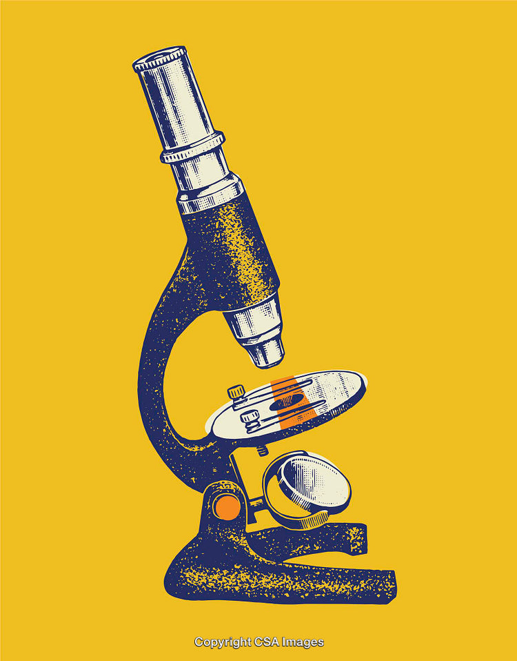 Detailed Vintage Line Art Illustration of a Microscope with Bold Yellow Background