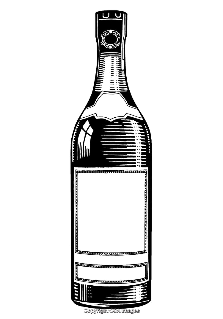 Vintage Black and White Engraving of an Elaborate Wine Bottle