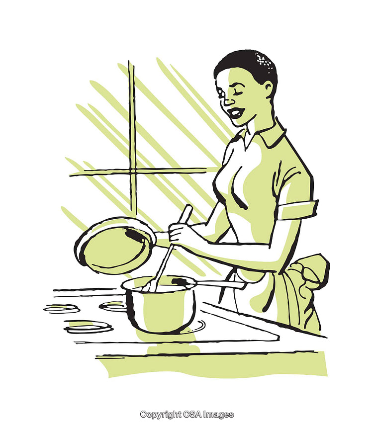 Illustration of a Woman Cooking in a Kitchen With a Pot and Stove