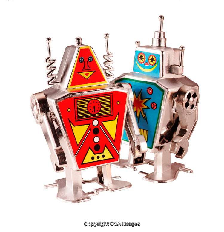 Colorful Retro-Style Toy Robots on a White Background