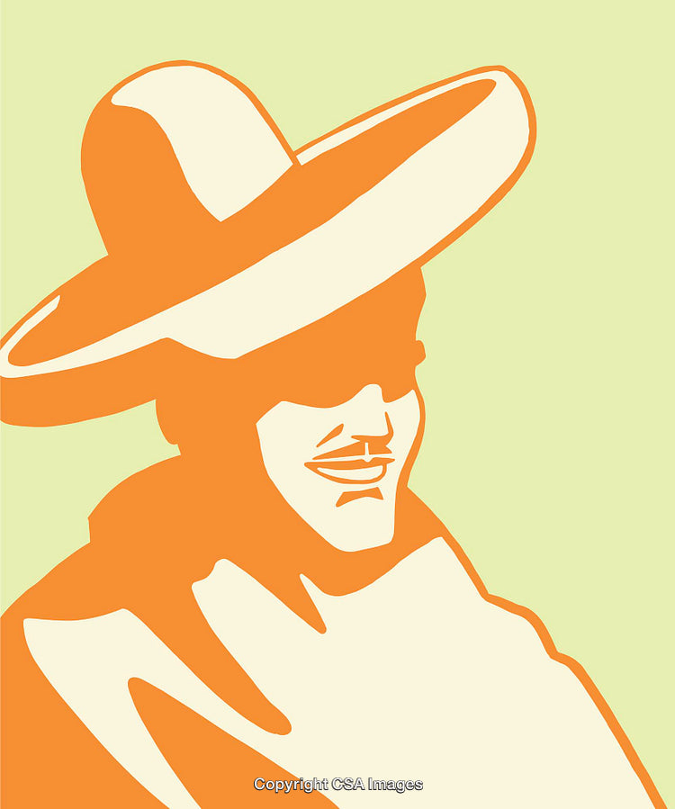 Colorful Line Art of Smiling Man Wearing a Traditional Wide-Brimmed Hat