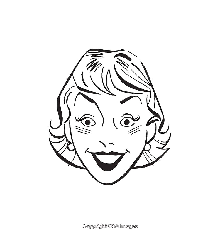 Retro Black and White Line Art of a Smiling Woman's Face