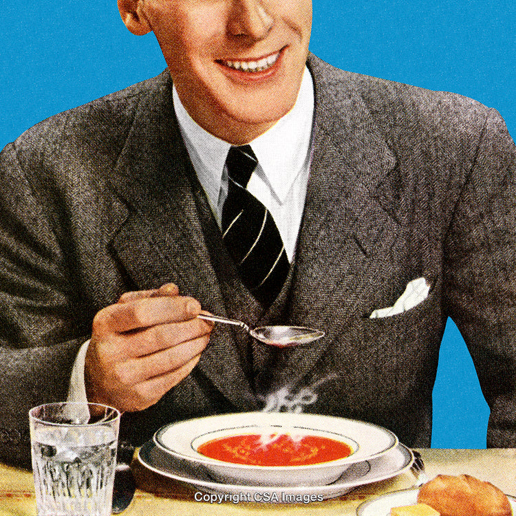 Man in Formal Suit Enjoying Tomato Soup Meal with Retro Style Illustration