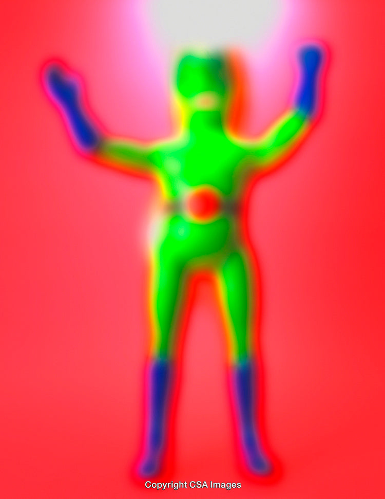 Brightly Colored Plastic Figure With a Unique and Abstract Style on Red Background