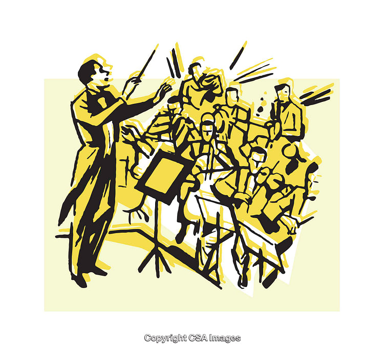 Colorful Illustration of a Conductor Leading an Orchestra Performance