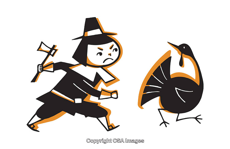 Illustration of a Pilgrim and Turkey in a Humorous Cartoon Style