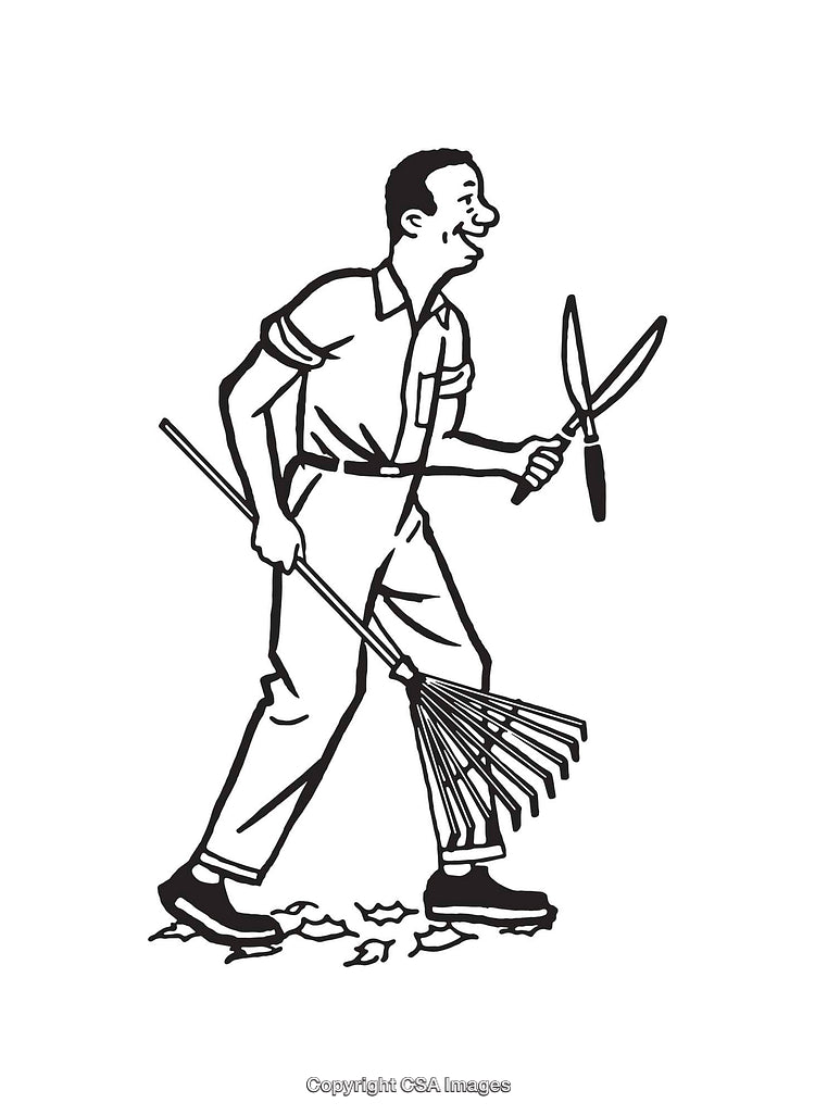 Vintage Black And White Line Art Illustration of Man Gardening