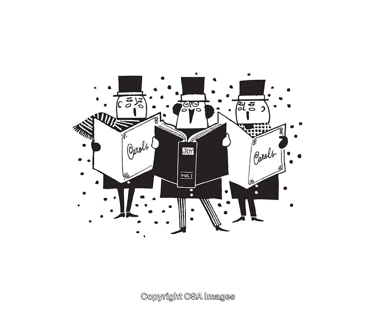 Festive Carol Singers in Black and White Line Art Illustration