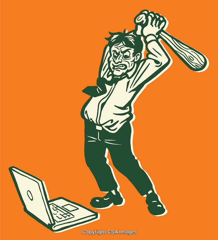 Frustrated Cartoon Businessman Breaking Laptop with Baseball Bat