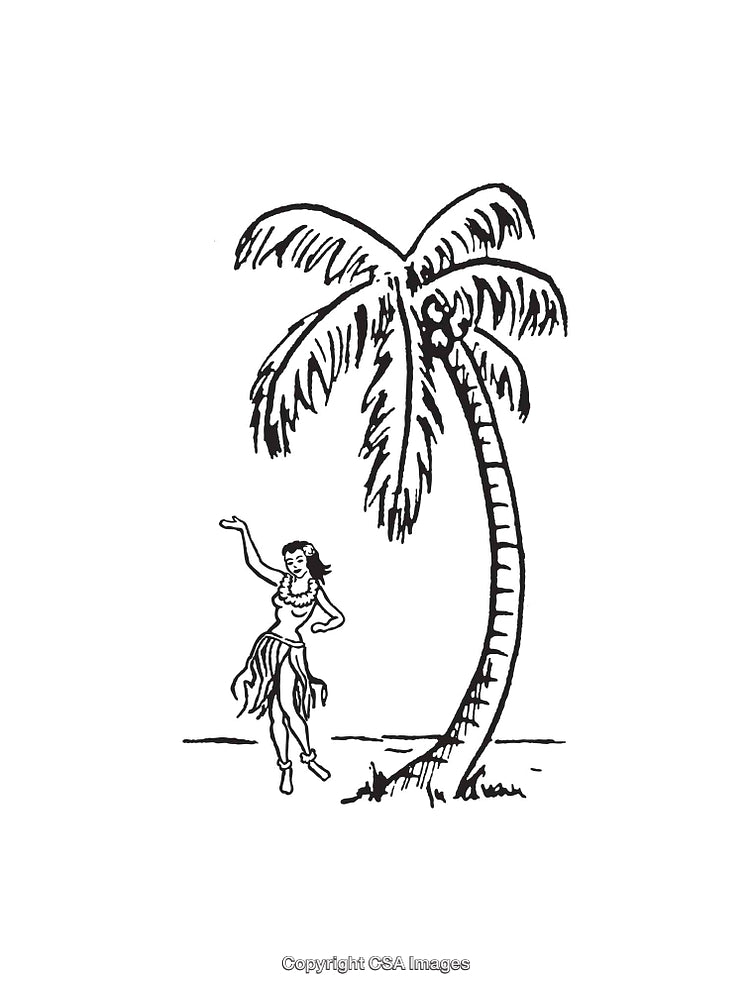Vintage Line Art of Hula Dancer by a Palm Tree
