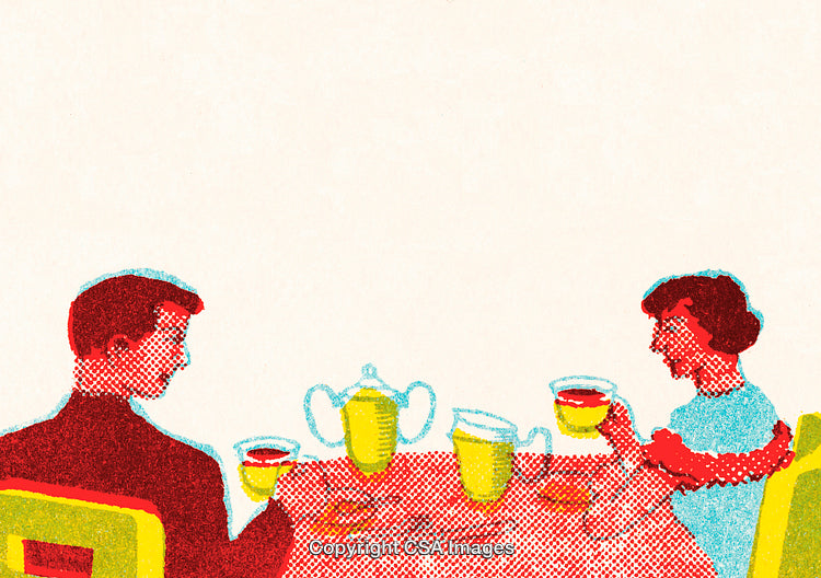 Retro Illustration of a Couple Enjoying a Tea Gathering