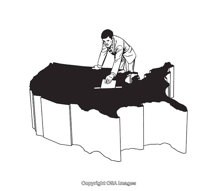 Businessman Analyzing a Large Map Representing Strategic Planning