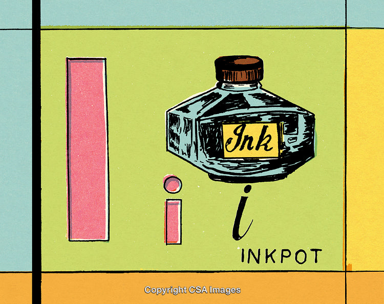 Illustrated Alphabet Design Featuring Inkpot Representing the Letter I
