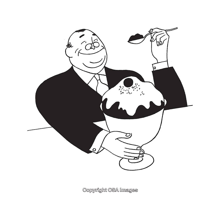 Cartoon Character Enjoying a Sundae in Black and White Illustration