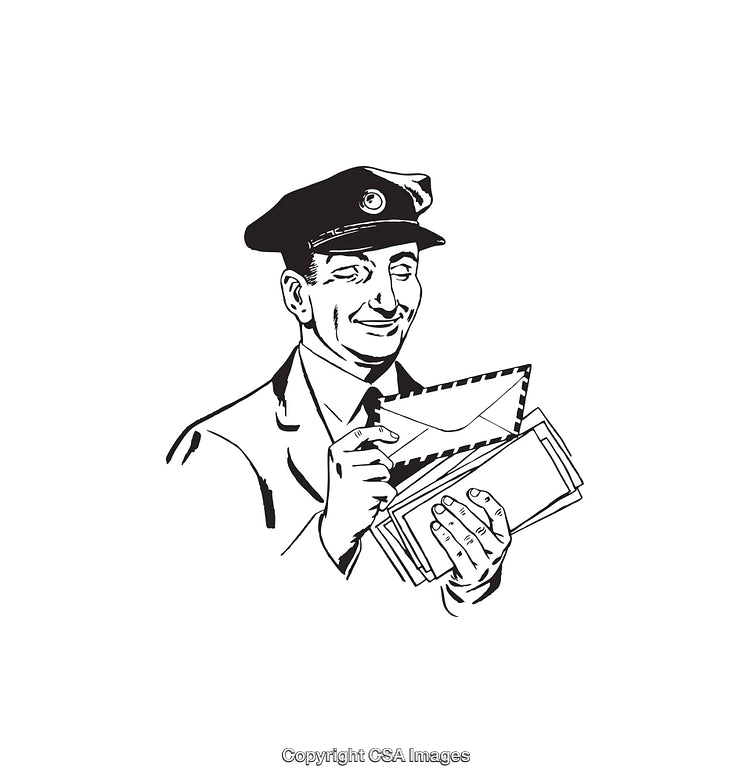 Vintage Line Art Illustration of a Postman Holding Letters and Envelopes