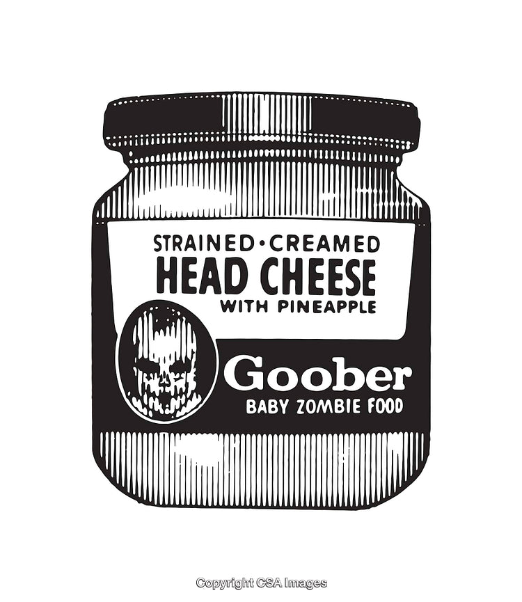 Black and White Illustration of a Head Cheese Jar with Unique Label