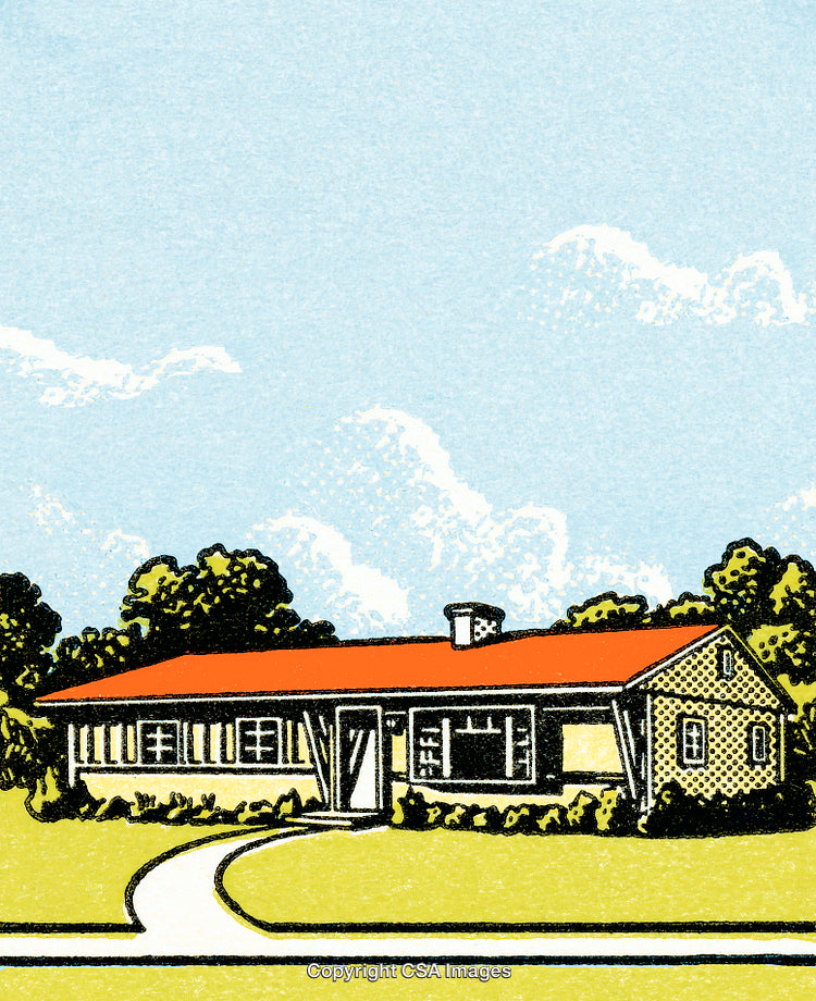 Vintage Illustration of a Single-Story House With a Red Roof