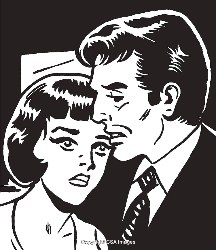Black and White Retro Art Depicting Vintage Couple in an Emotional Scene