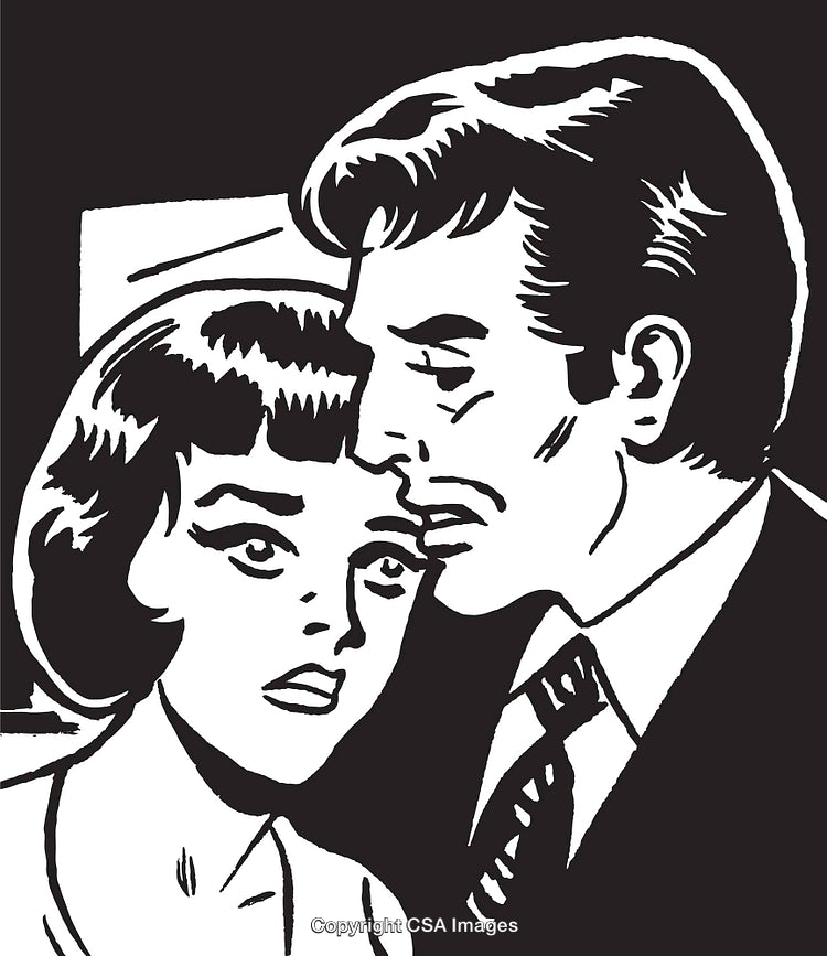 Black and White Retro Art Depicting Vintage Couple in an Emotional Scene