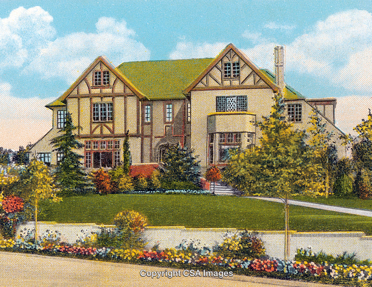 Charming Tudor-Style Home with Picturesque Lawn and Vibrant Landscaping