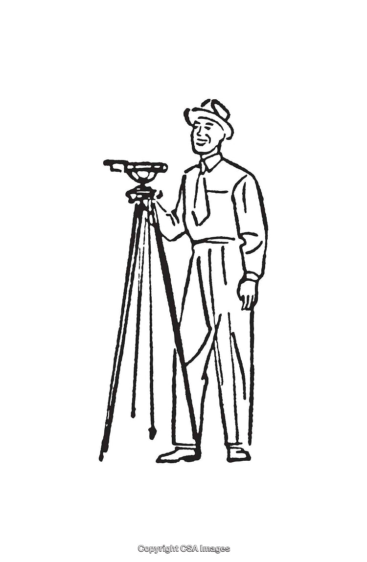Surveyor Standing with Tripod and Tool in Vintage Line Art Illustration