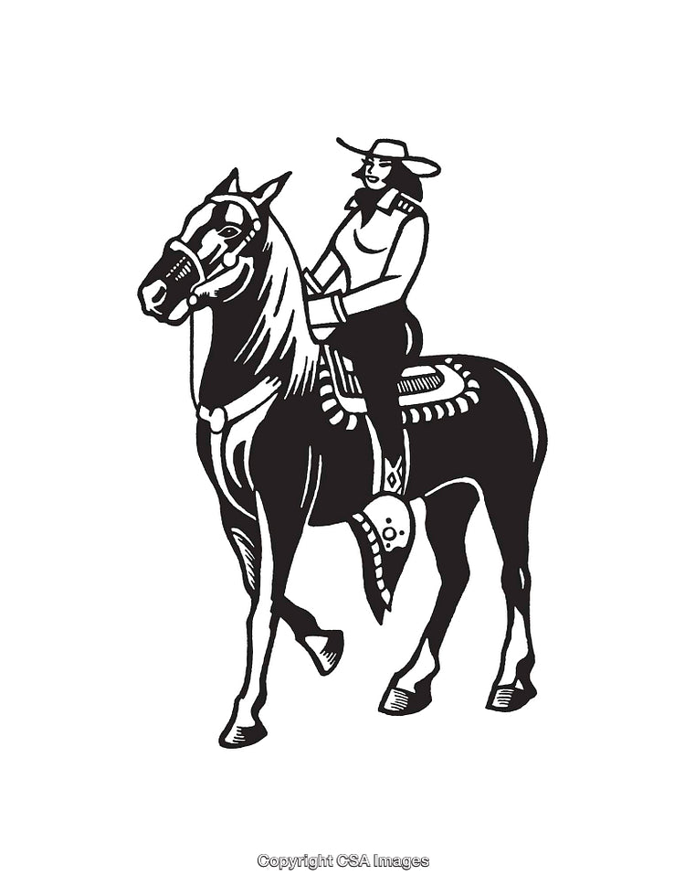 Black and White Line Art of a Rider on a Horse